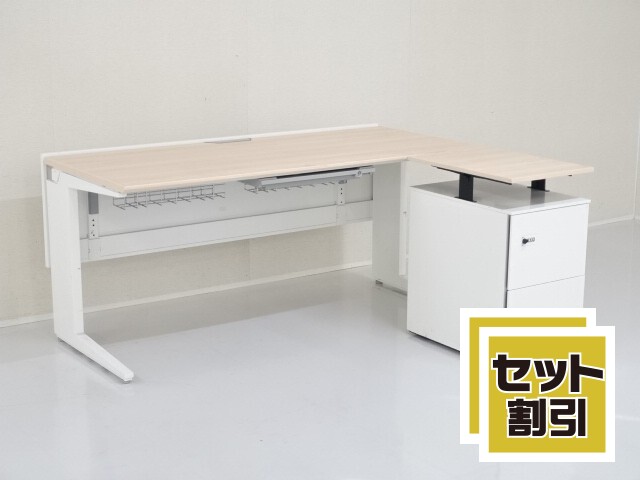 平デスク(幕板付き)天板昇降2段ワゴン(ダイヤル錠タイプ)セット D-37187 商品写真:オカムラ